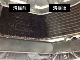 業務用エアコンの熱交換器の清掃前後の比較写真